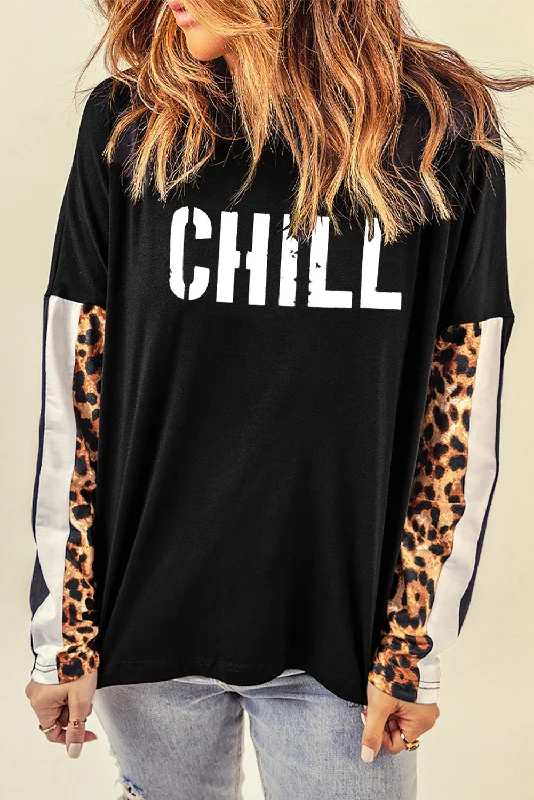 Women's Casual Leopard Print Tee Shirt Tops CHILL Colorblock Long Sleeve Top