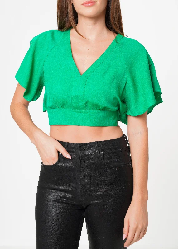 Women's Tie Waist Cape Sleeve Cropped Blouse in Kelly Green